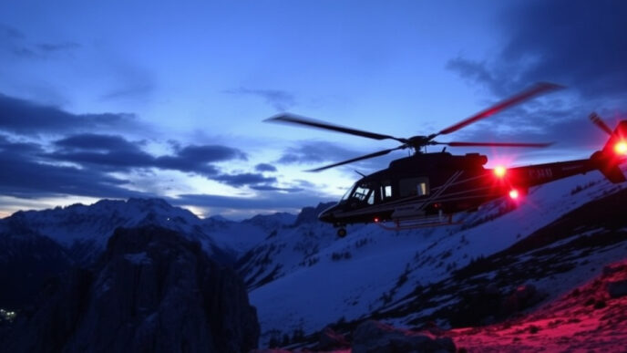 Elicottero Notturno In Azione Per Il Salvataggio Di Una Famiglia Bloccata In Montagna In Austria.