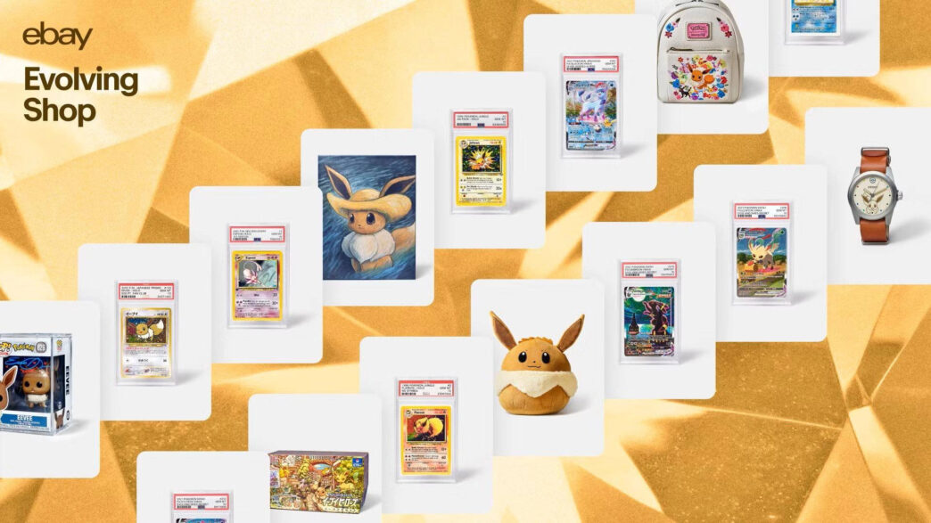 &Quot;Immagine Di Eevee Con Sfondo Festivo Per Pokémon Day 2025, Simbolo Dell'Aumento Di Vendite E Ricerche Su Ebay.&Quot;