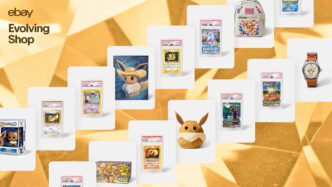 &Quot;Immagine Di Eevee Con Sfondo Festivo Per Pokémon Day 2025, Simbolo Dell'Aumento Di Vendite E Ricerche Su Ebay.&Quot;